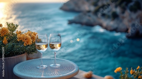 Enjoying wine at sunset on a coastal terrace surrounded by blooming flowers