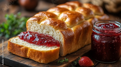 Freshly baked bread with butter and strawberry jam served on a rustic wooden ...