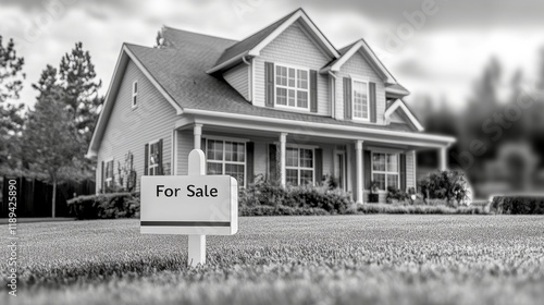 Sign indicating property for sale in a residential neighborhood surrounded by...