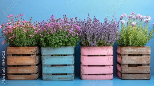 Colorful wooden planters filled with vibrant flowers against a blue backgroun...