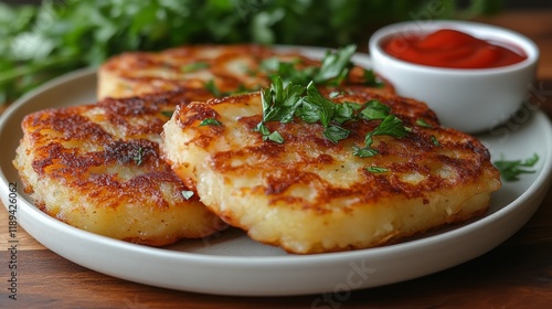 Crispy potato cakes served with fresh herbs and dipping sauce on a wooden table