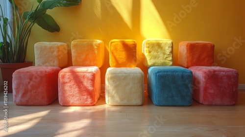 Colorful plush seating arrangement in a bright room with yellow wall and natu...