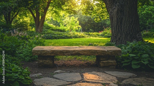 Natural garden setting with stone bench surrounded by lush greenery under sun...