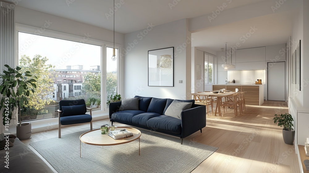 Fototapeta premium Modern Apartment Living Room: Serene Minimalist Design with City Views