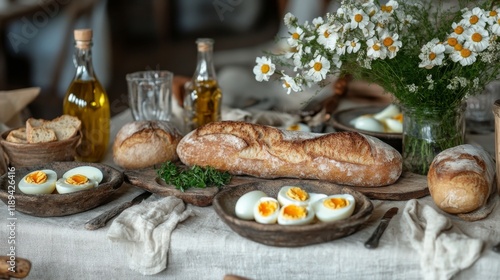 Delicious outdoor brunch setup featuring freshly baked bread and an assortmen...
