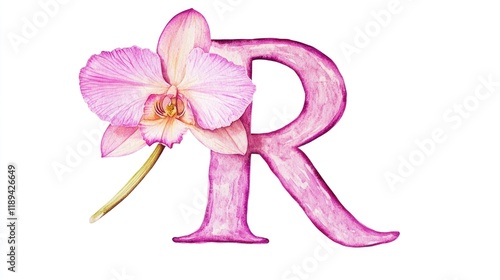 A delicate watercolor painting of a flower formed into the shape of the letter R