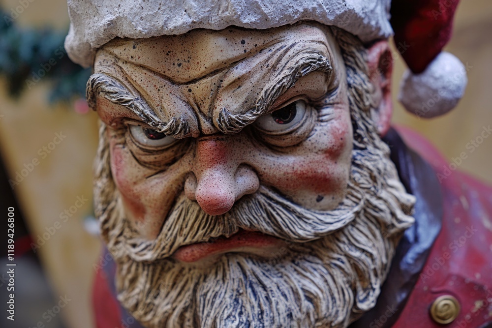 A detailed view of a Santa Claus figurine wearing a festive red hat