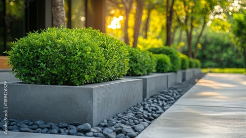 Green boxwood shrubs in modern planters enhance outdoor aesthetic in contempo...