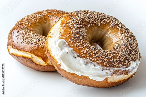 Fresh bagels sitting on a wooden table, perfect for breakfast or snack photo