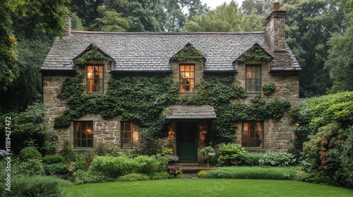 Charming rustic stone house surrounded by lush greenery at twilight in a sere...