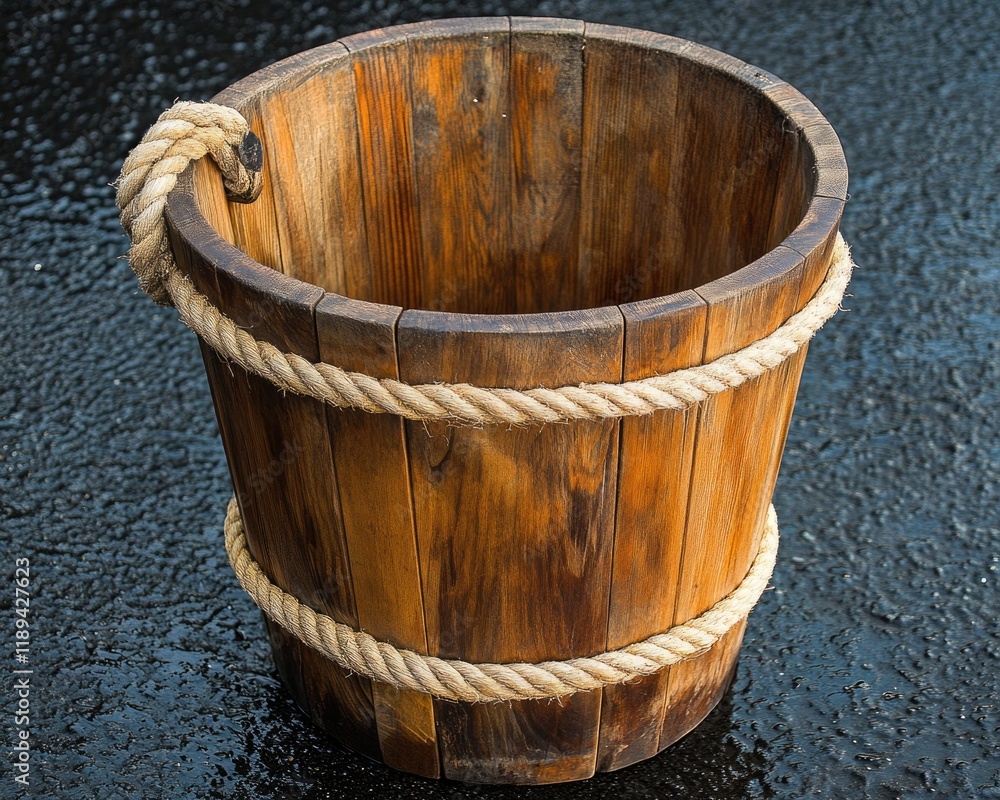 Rustic Wooden Bucket for Spa Relaxation and Care, Perfect for Laundering or Bath Time, Featuring Natural Rope Handles and an Empty Design for Versatile Use Rustic Wooden Bucket for Spa Relaxation and Care, Perfect for Laundering or Bath Time, Featuring Natural Rope Handles and an Empty Design for Versatile Use