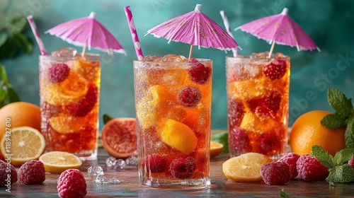 Refreshing tropical drinks with fruit and umbrellas in a vibrant garden setti...