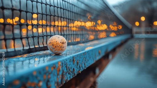 Table tennis ball and paddle resting on a blue table near the net during sunset