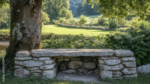 Natural garden setting with stone bench surrounded by lush greenery under sun...
