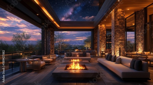 Luxury outdoor lounge with firepit overlooking city landscape at night