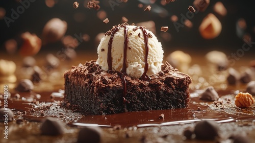 Decadent chocolate dessert with ice cream served on a wooden board