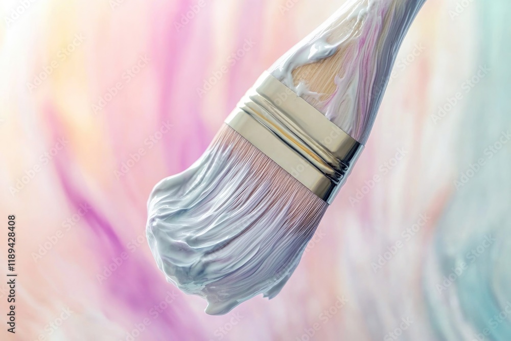 Fototapeta premium creative close-up of face mask being applied with brush with blurred pastel background and generous copy space