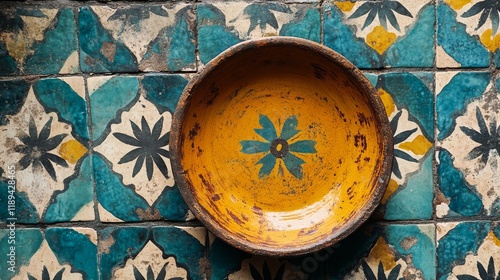 Handcrafted decorative plate with floral design on rustic wooden table