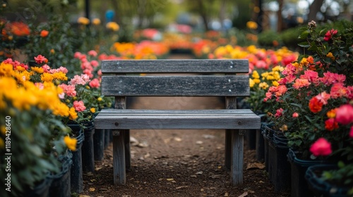 Peaceful wooden bench surrounded by colorful tulips in a vibrant spring garde...
