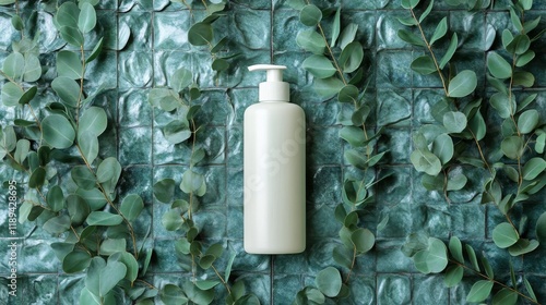 Bottle of lotion surrounded by fresh green leaves on a light green background