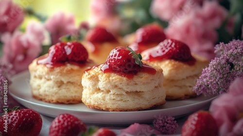 Freshly baked strawberry scones on a rustic plate with flowers and strawberries