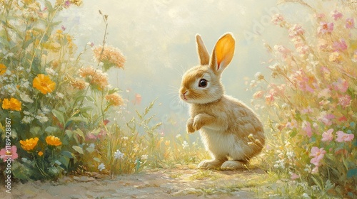 Cute bunny surrounded by colorful flowers in a sunny field during springtime