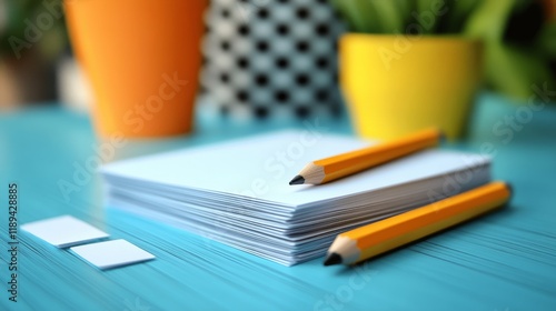 Assorted stationery with yellow pots and pencils on a bright blue desk