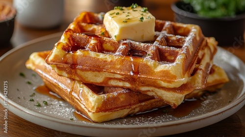 Delicious waffles topped with butter and syrup placed on a blue plate