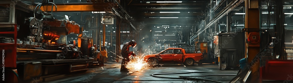 Fototapeta premium Industrial worker welding in a factory