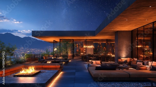 Luxury outdoor lounge with firepit overlooking city landscape at night