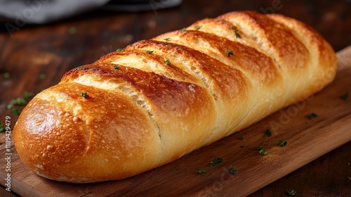 Freshly baked artisan bread loaves cooling on a wooden board in a cozy kitchen