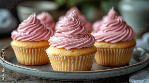Delicious cupcakes with colorful frosting displayed on a plate in bakery setting