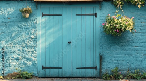Bright blue wooden door against a textured wall with hanging plants in a gard...