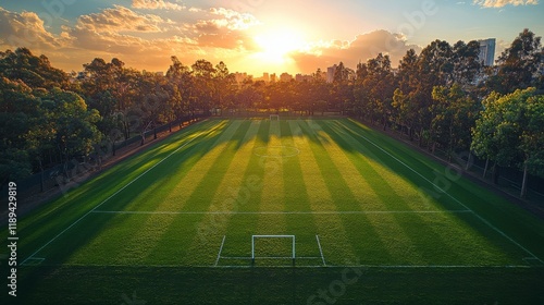 Scenic autumn view of a soccer field surrounded by colorful trees at sunset