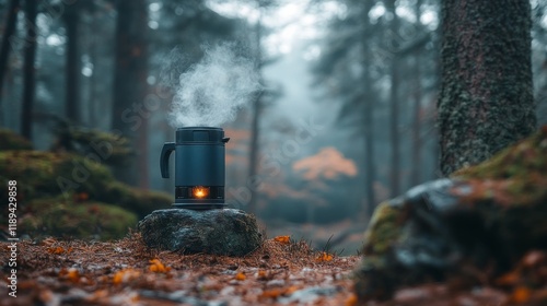 Coffee brewing in a vibrant forest during early morning fog