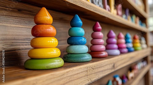 Colorful wooden shapes on a toy train for early childhood education and playt...