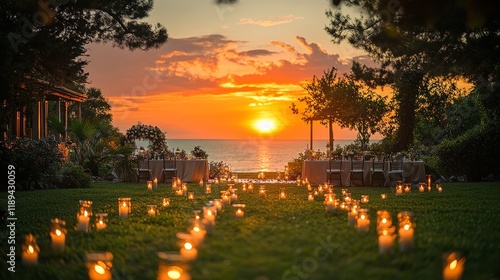 Romantic outdoor sunset ceremony with candles on the beach