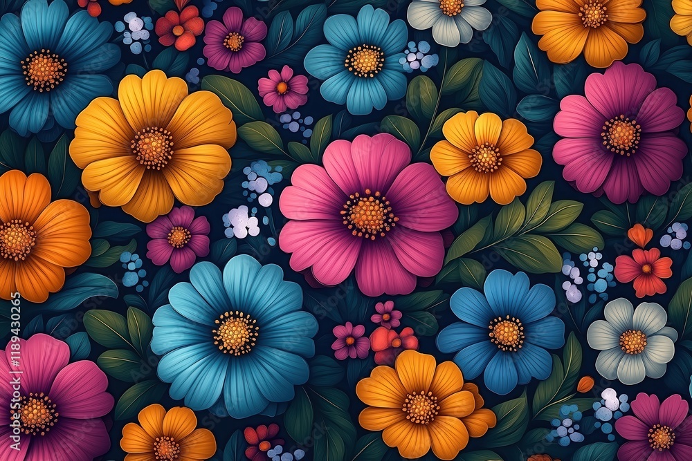 Vibrant floral pattern variety of flowers in bold colours against dark background. Blooms, leaves create rich texture. Vivid colours, detailed design evoke sense of nature, summer. Illustration ideal Vibrant floral pattern variety of flowers in bold colours against dark background. Blooms, leaves create rich texture. Vivid colours, detailed design evoke sense of nature, summer. Illustration ideal
