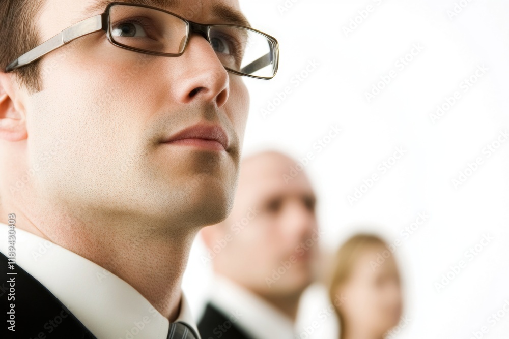 A businessman sits alone, with a woman standing in the background A businessman sits alone, with a woman standing in the background