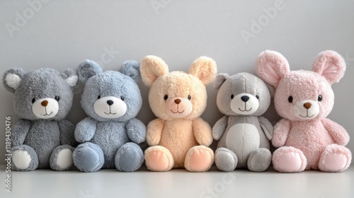 Collection of colorful knitted bunny toys arranged on a shelf in cozy interio...