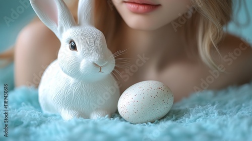 White rabbit and decorative egg beside model during springtime celebration