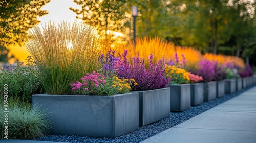 Stunning modern garden design with striking plants against contemporary archi...