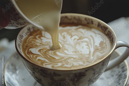 Cream swirls into a cup of coffee creating an artistic pattern in a cozy setting