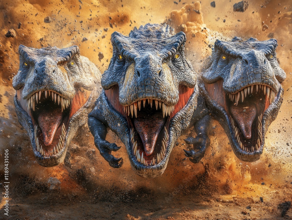 Naklejka premium Three Roaring Dinosaurs Charging Through a Dusty Landscape in a Dramatic Scene