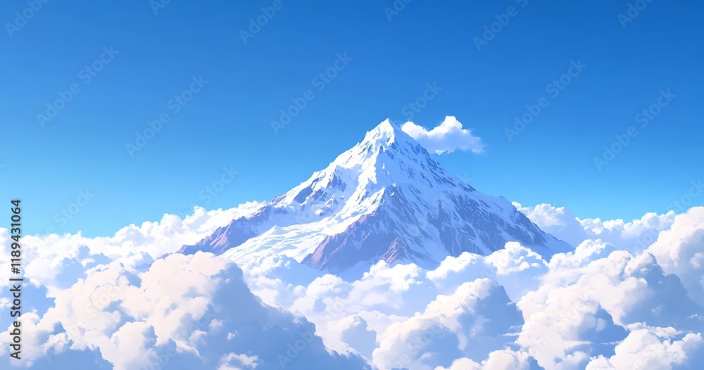 Snowy mountain peak emerging from a sea of clouds under a clear blue sky