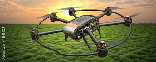 Agricultural Drone Hovering Over Lush Green Field at Sunset photo