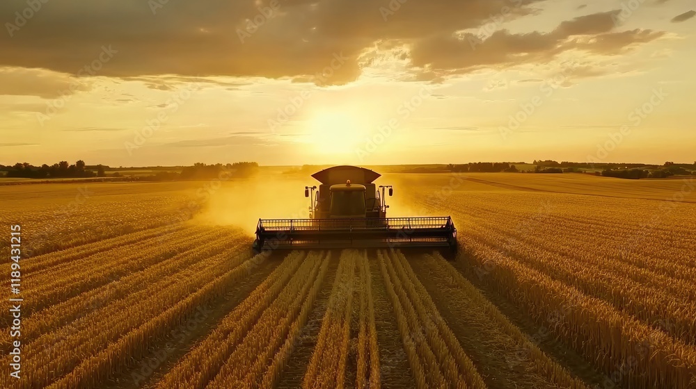 Fototapeta premium A combine harvester working in a golden wheat field at sunset.