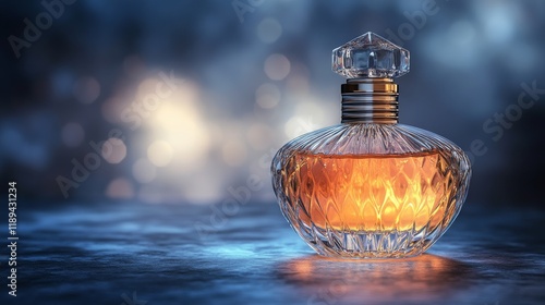 Elegant glass perfume bottle with warm amber liquid set against soft blurred ...
