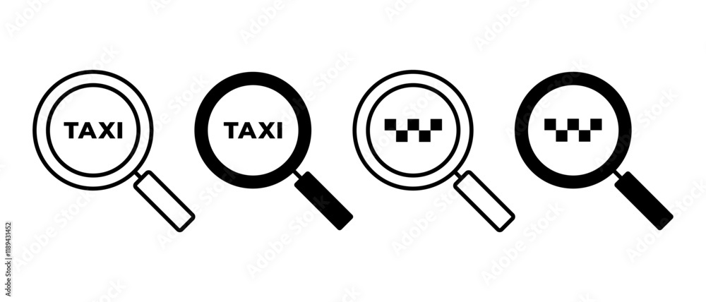 Search Taxi Icon Vector Set. Taxi Service Symbol. Magnifying Glass Sign Search Taxi Icon Vector Set. Taxi Service Symbol. Magnifying Glass Sign