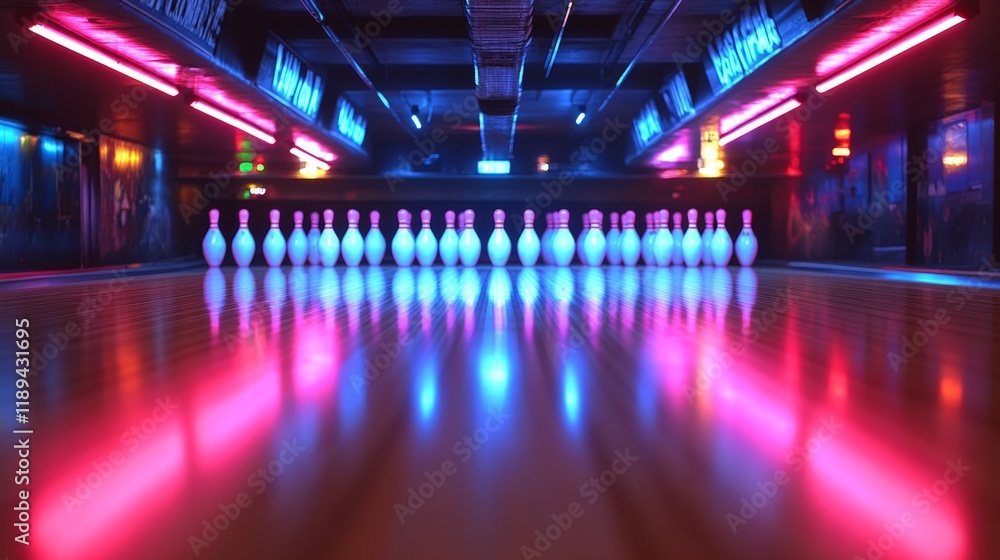 Colorful bowling alley with illuminated lanes and standing pins in vibrant neon lights